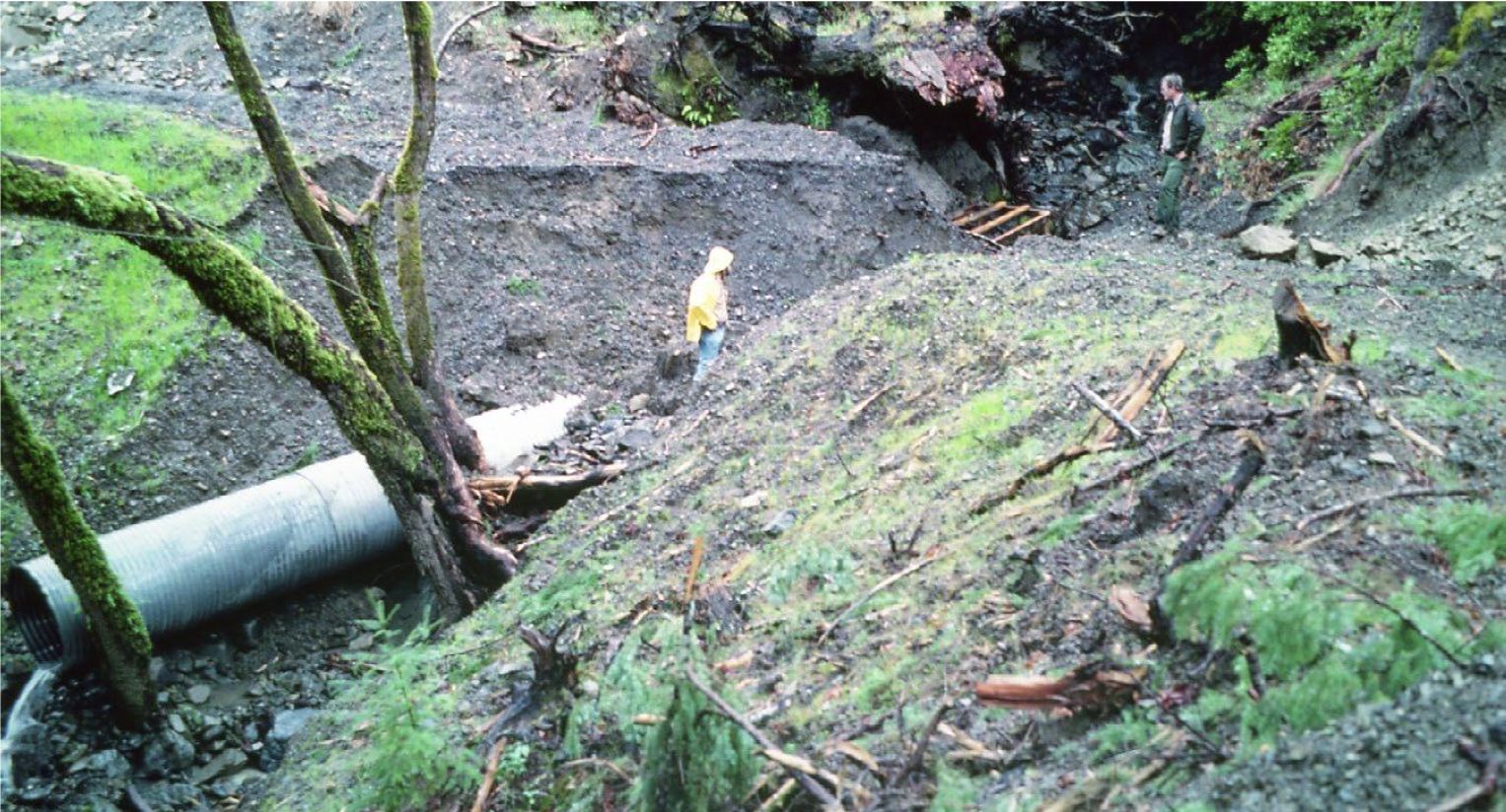 Culvert originally under a dirt road revealed after storm event. Shown from above, two people stand in the trench created, assessing the situation.