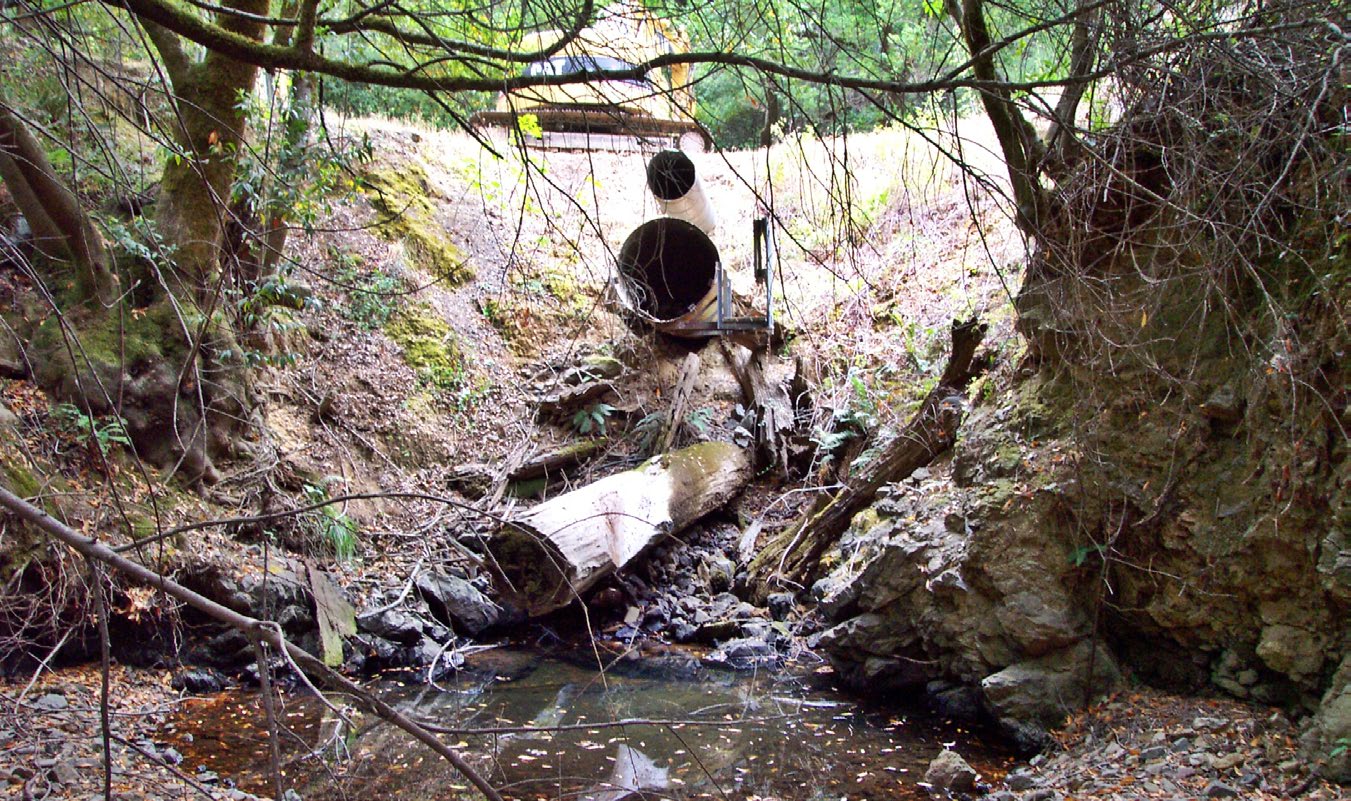 Two different-sized culverts pop out from the side bank of a road.  