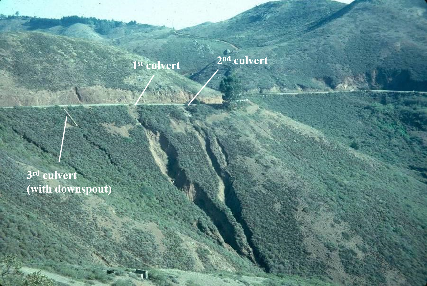 From afar, a road on the side of a hill is shown. The hill is covered with small vegetation, so the gullies that formed at the site of 2 culverts are clearly visible as dirt cuts in the hillside.