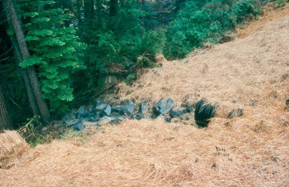 A culvert near the top of a hill has rocks beneath its lip, where the water will spill out, reducing erosion potential.