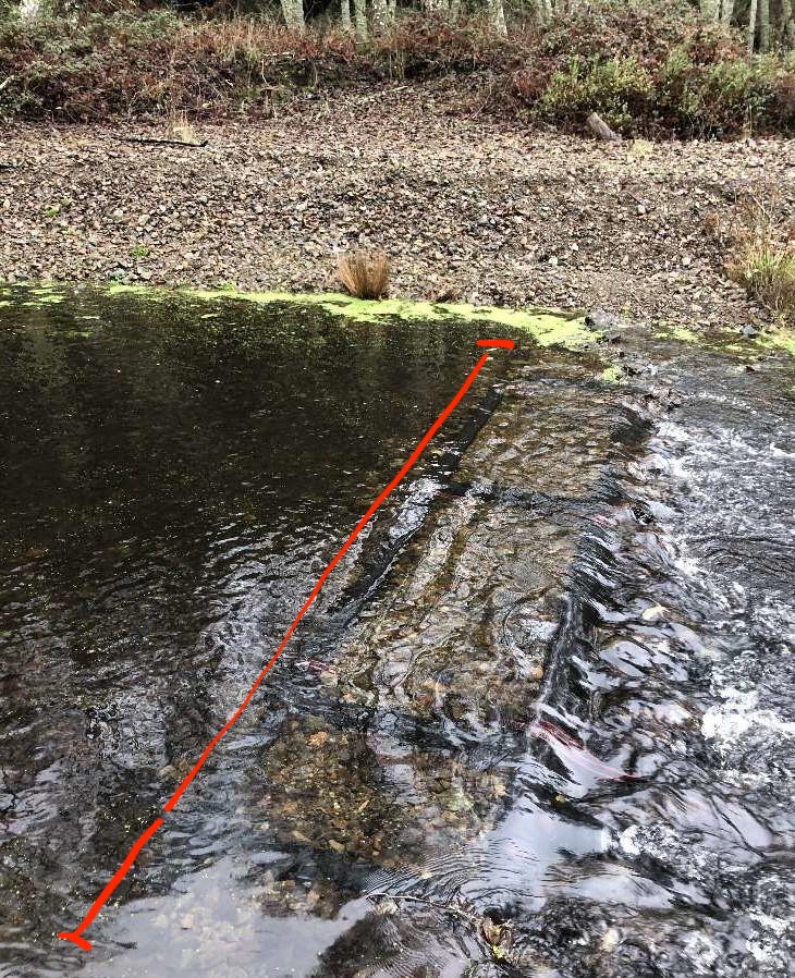 The photo shows a running stream with clear enough water that rocks and the PIT array are visible on the bottom. The image is overlaid with a red line that shows the location of the PIT array, which spans the width of the stream. It looks like a series of black rectangles lying on the bed of the stream.