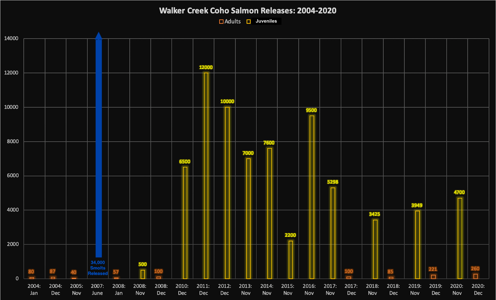 The graph shows data from 2004 to 2020. Most releases happen in the winter season, between November and January. Most of the broodstock released are juveniles (thousands), but some adults are released as well (hundreds). Notably, 34,000 smolts were released in June of 2007.