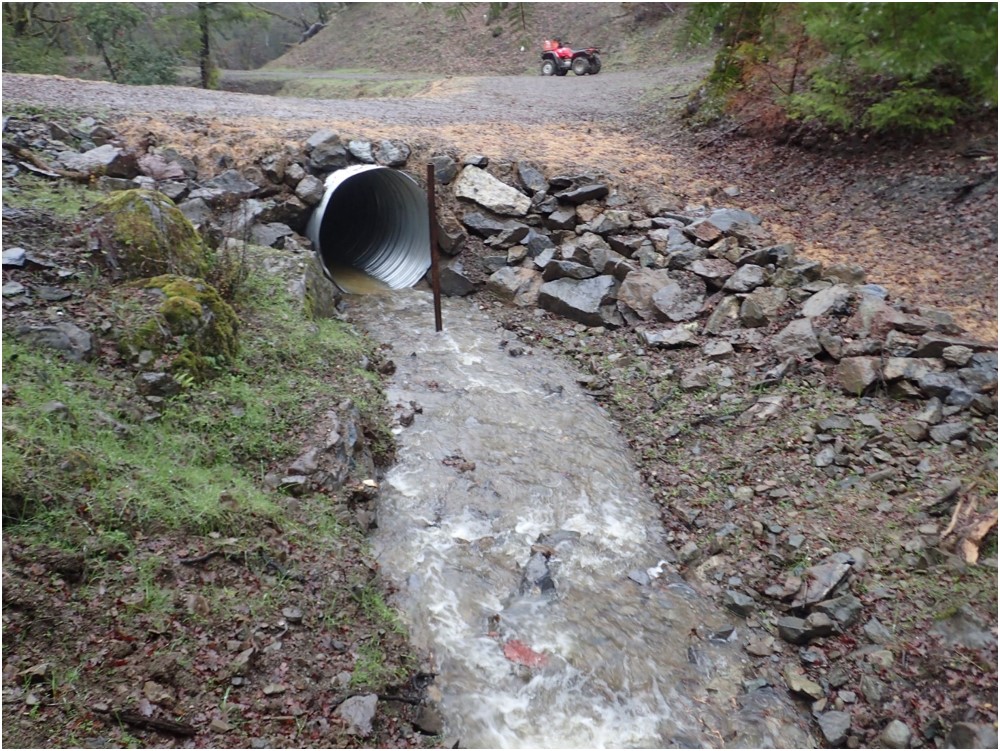 A foot away from the opening of a culvert, a simple metal pole about two feet tall is installed vertically, where the water flows out from the culvert.